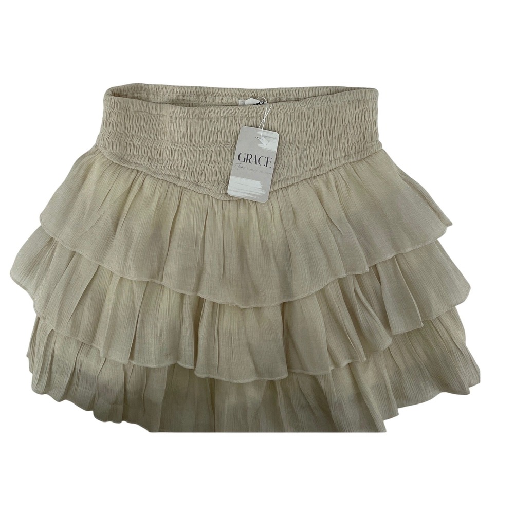 Ruffle Tiered Mini Skirt Womens Medium Cream Shimmer Western Boho Cottage NEW